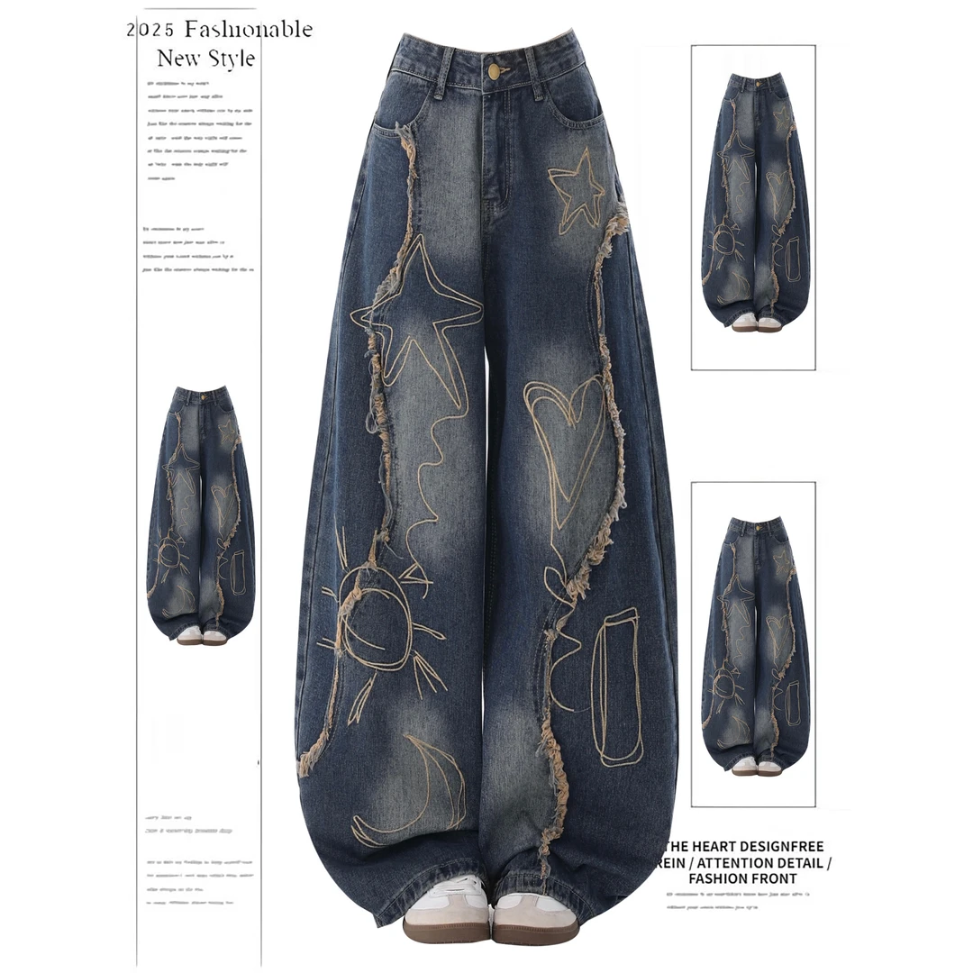美式复古刺绣做旧毛边工装牛仔裤女秋季新款宽松显瘦阔腿裤弯刀裤