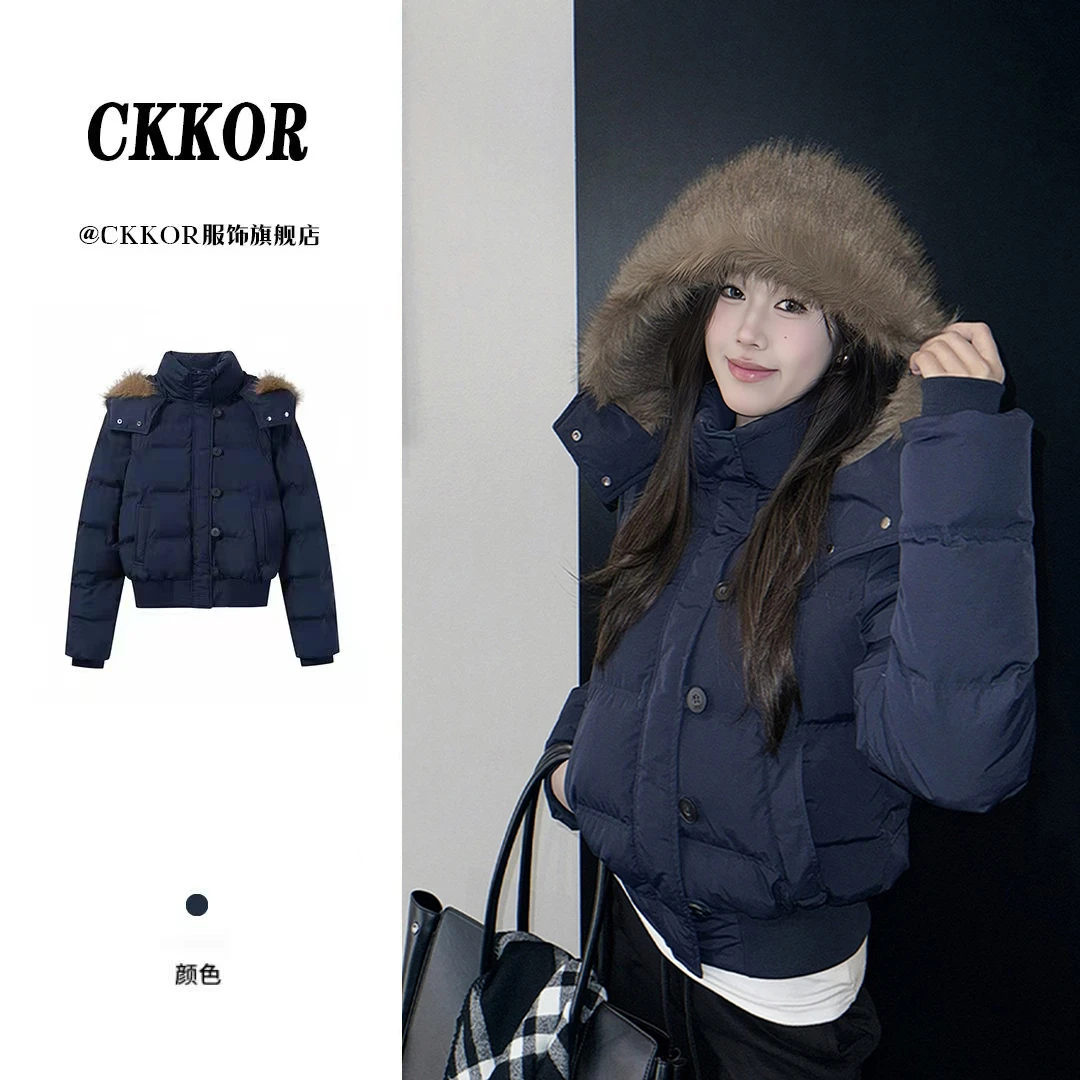 CKKOR冬季新款韩系复古感毛领连帽棉服短外套女设计感潮流派克服