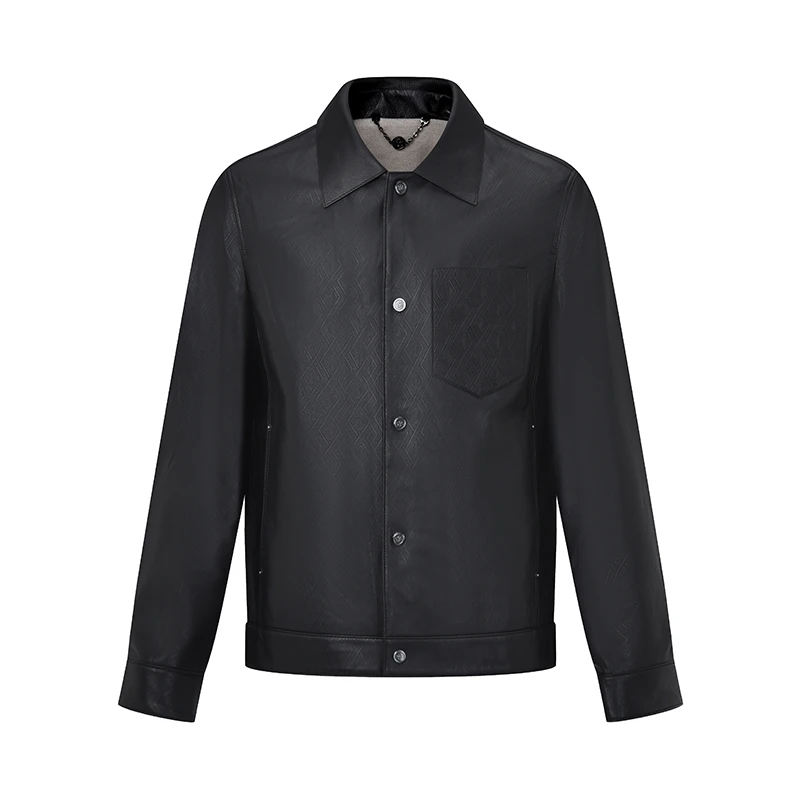 RARE威雅25秋冬新款黑色时尚翻领设计暗纹皮面logo工艺胸袋皮衣