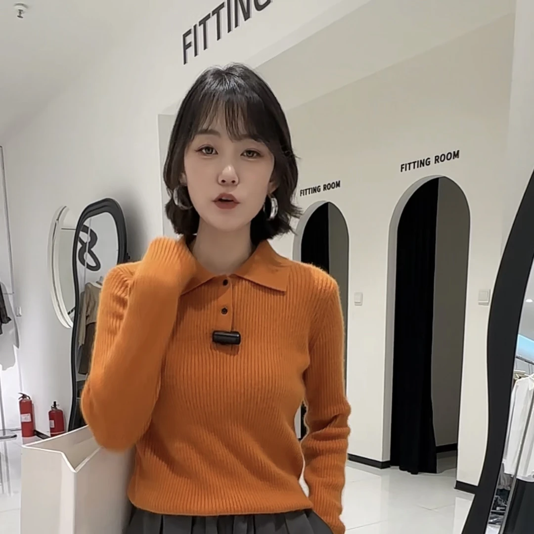 INS风长袖女宽松型女装羊毛衫羊绒纯色翻领时尚百搭