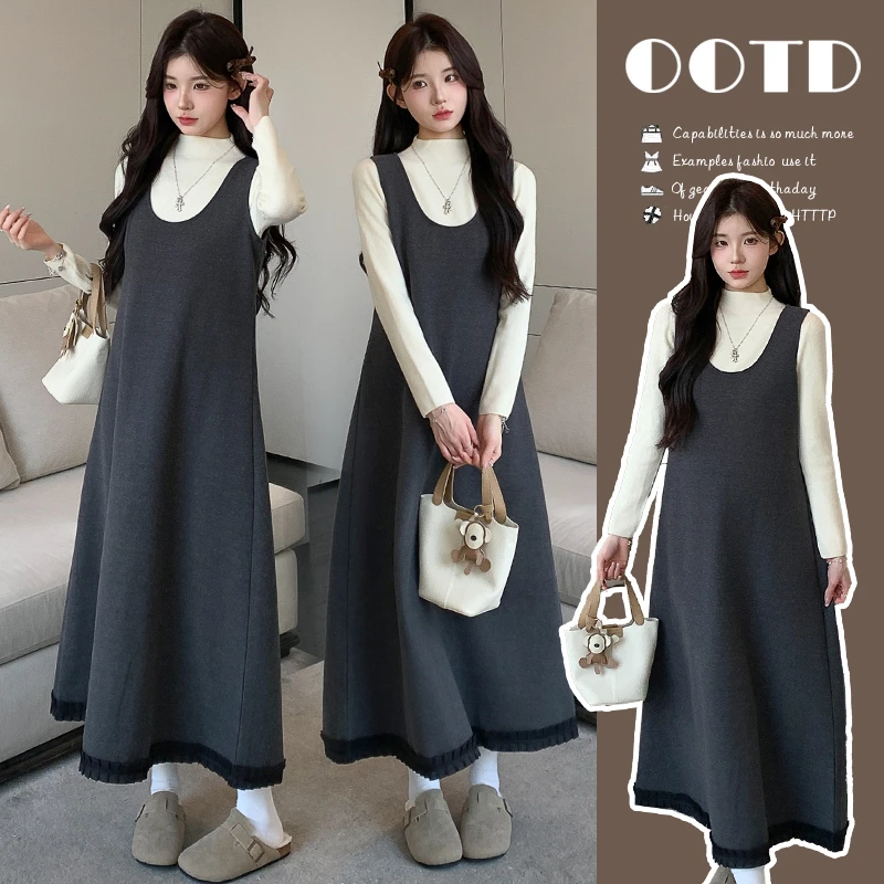 秋冬季韩系孕妇装2025新款洋气毛呢花边背心裙打底上衣两件套秋装