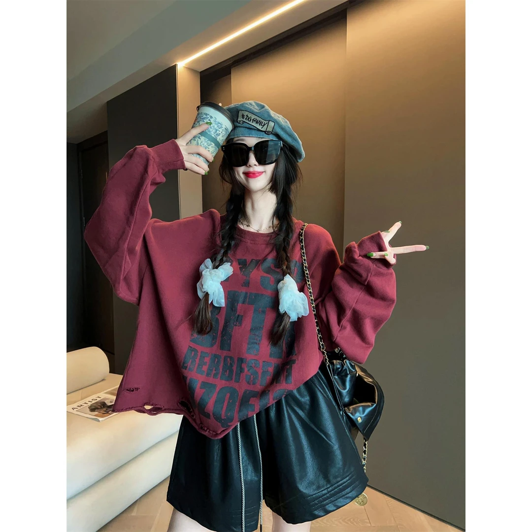 300斤加大码秋季时尚复古长袖T恤男女同款2025宽松休闲百搭破洞潮