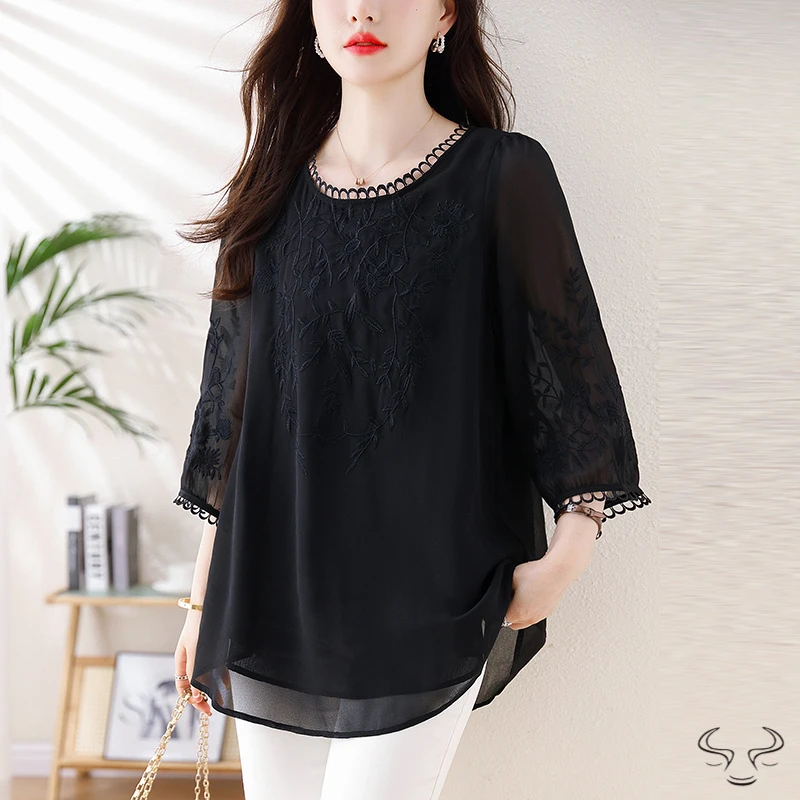 2025大码妈妈遮肚T恤衬衫女 夏装新款胖mm时髦减龄显瘦中长款上衣