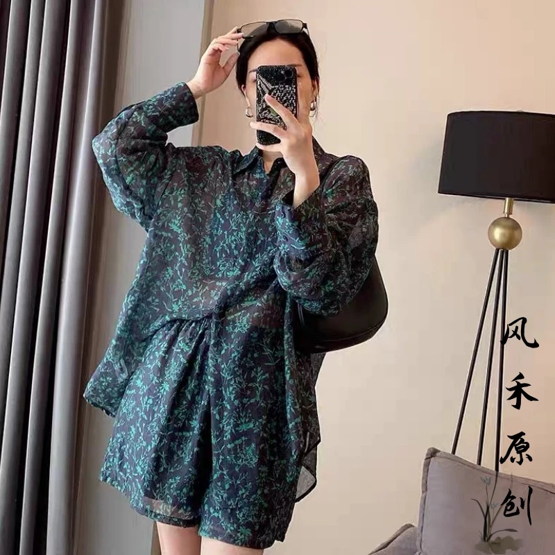 风禾原创【95232】夏季新款时尚洋气翻领印花长袖防晒衬衫两件套装