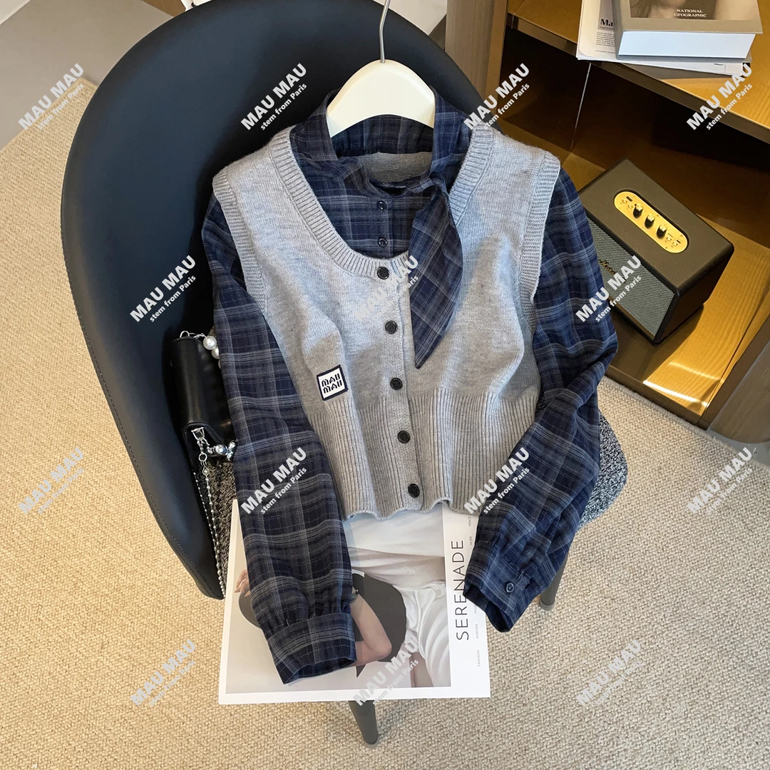 圆领拼接格子长袖衬衫针织马甲背心假两件小衫上衣DY8872