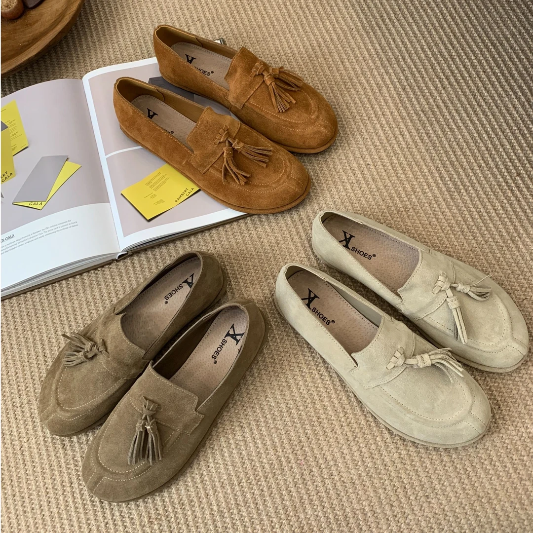 2025秋季新款复古时尚圆头一脚蹬乐福鞋春秋休闲百搭真皮软底女鞋