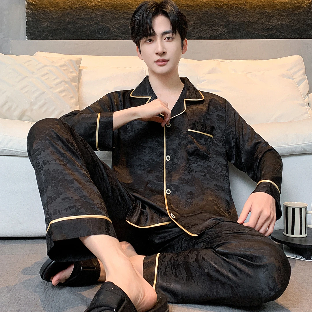 男士春夏季可外穿家居服舒适亲肤凉感冰丝薄款四季大码睡衣套装