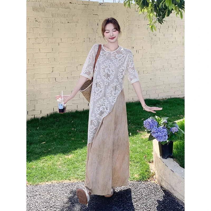 设计感不规则镂空蕾丝罩衫套装女夏新款气质显瘦晕染吊带裙两件套