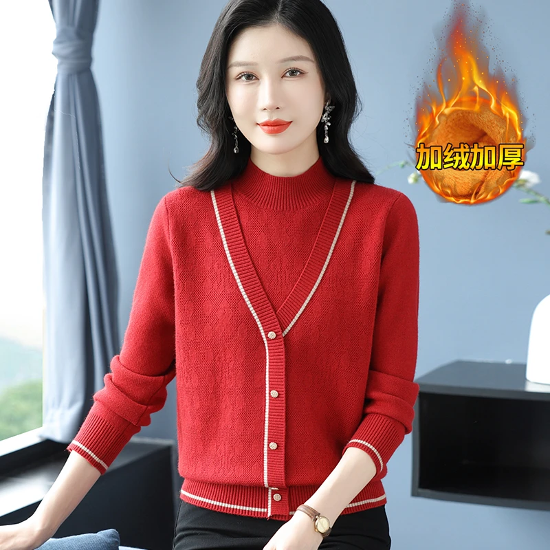 妈妈装秋冬季新款加绒加厚毛衣洋气中老年女装保暖内搭打底衫时尚