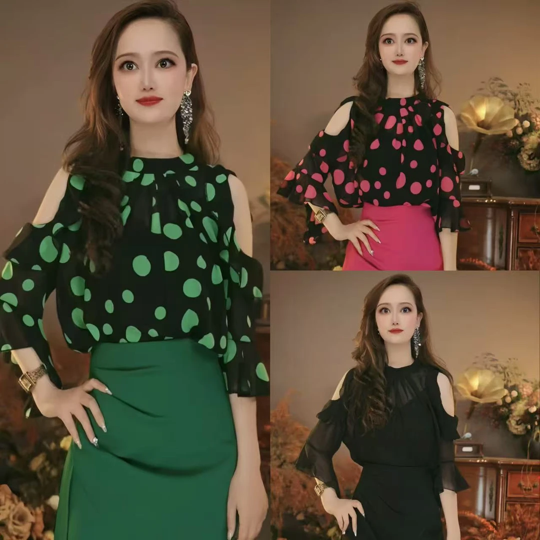 荷雅816显瘦女士夏季百搭圆点短袖时尚设计感气质打底衫