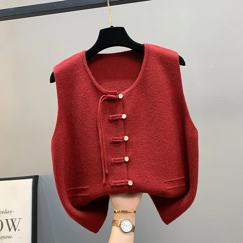 2025年新中式国风洋气针织衫马甲背心内搭外穿红色盘扣上衣女装潮