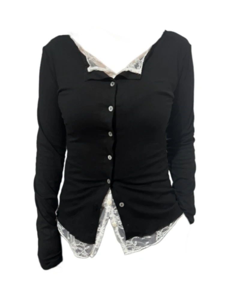 【Amy家】微胖mm纯欲风性感蕾丝拼接长袖T恤女秋季修身显瘦开衫上衣