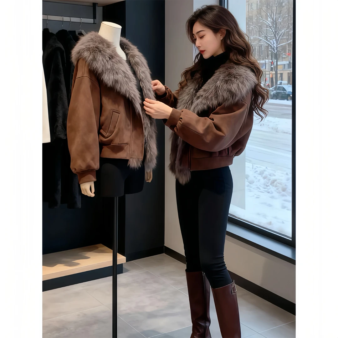 SHALLDOER 冬季新款中古美式毛领短款棉服女上档次穿搭新年战袍