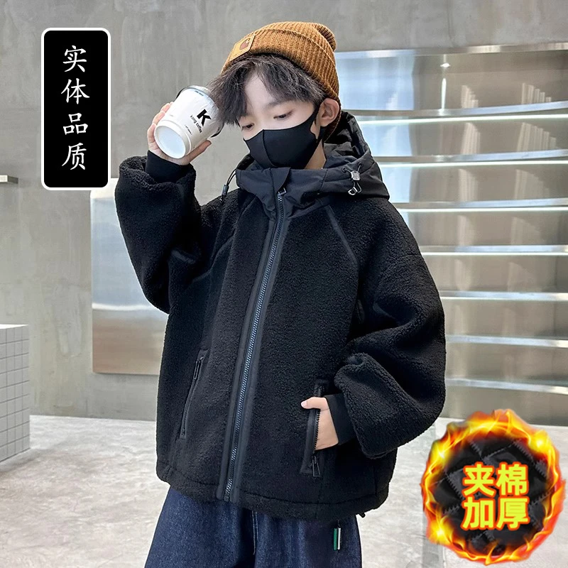 男童冬装加绒外套2025新款中大儿童秋冬款夹棉加厚羊羔绒毛毛衣潮