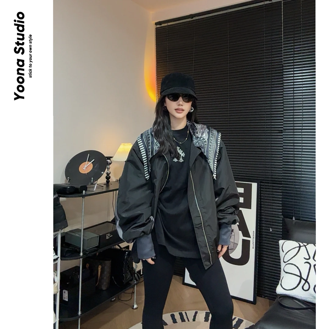 【U娜】秋季洋气小众大版撞色拼接丝巾夹克外套