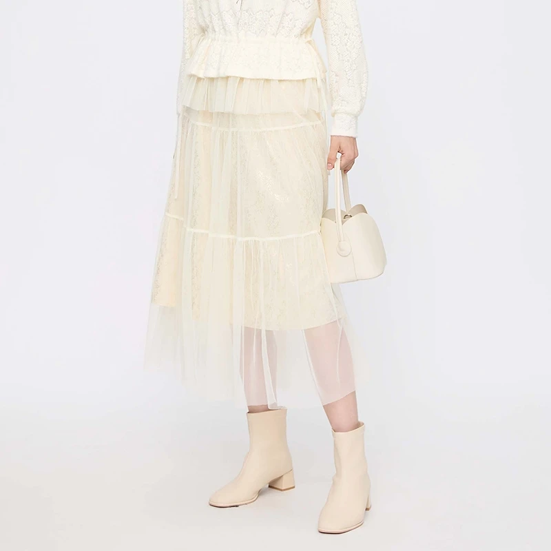 sdeer圣迪奥女装25年新品田园风松紧高腰网纱蛋糕裙长裙S253Z1118