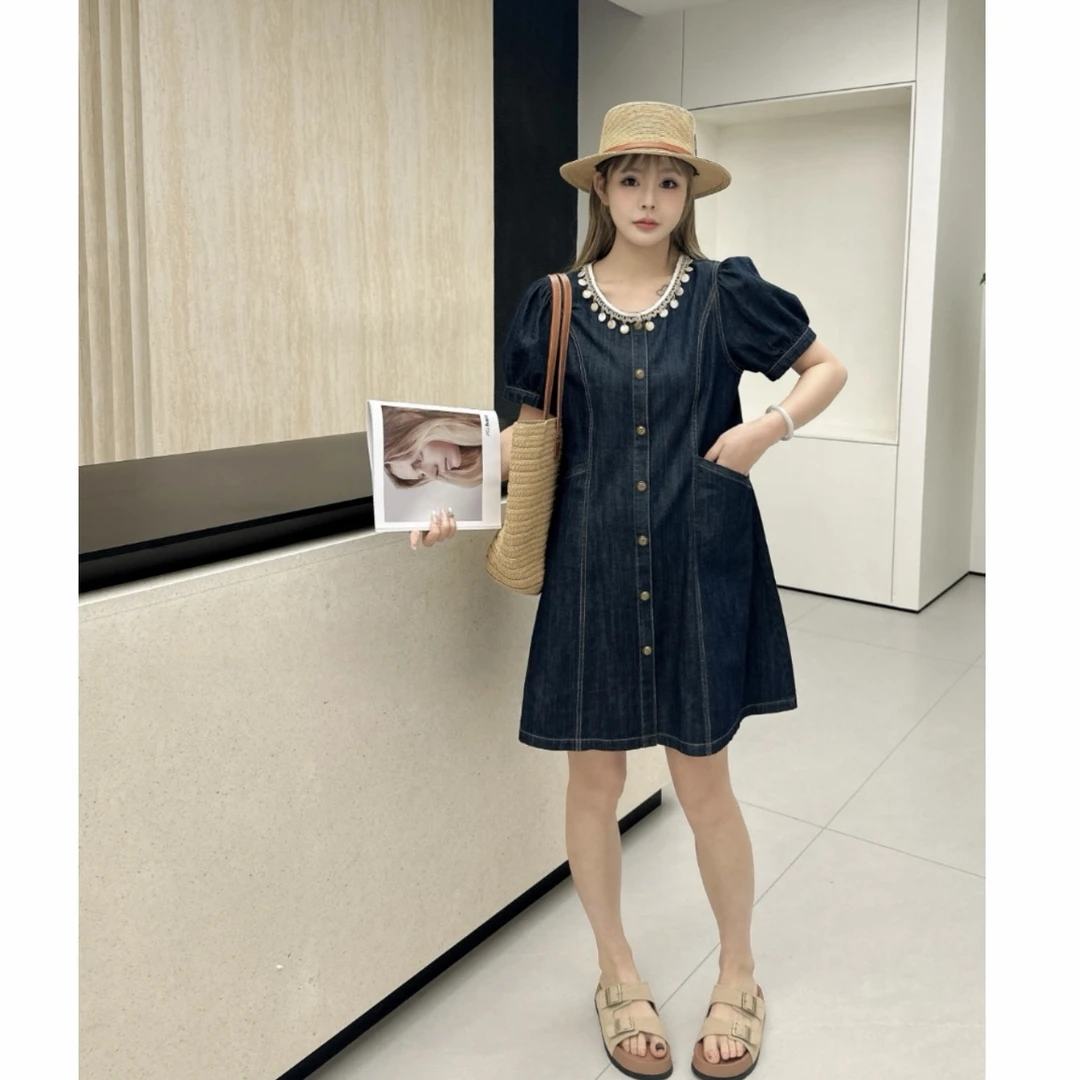 【蓝海匠心】夏季  圆领重工泡泡袖贝母连衣裙休闲小个子牛仔裙
