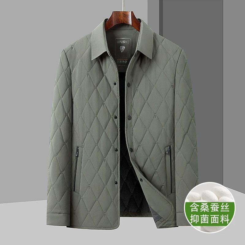 秋冬季菱形格轻薄款棉衣外套中老年男士立领桑蚕丝棉袄爸爸装棉服