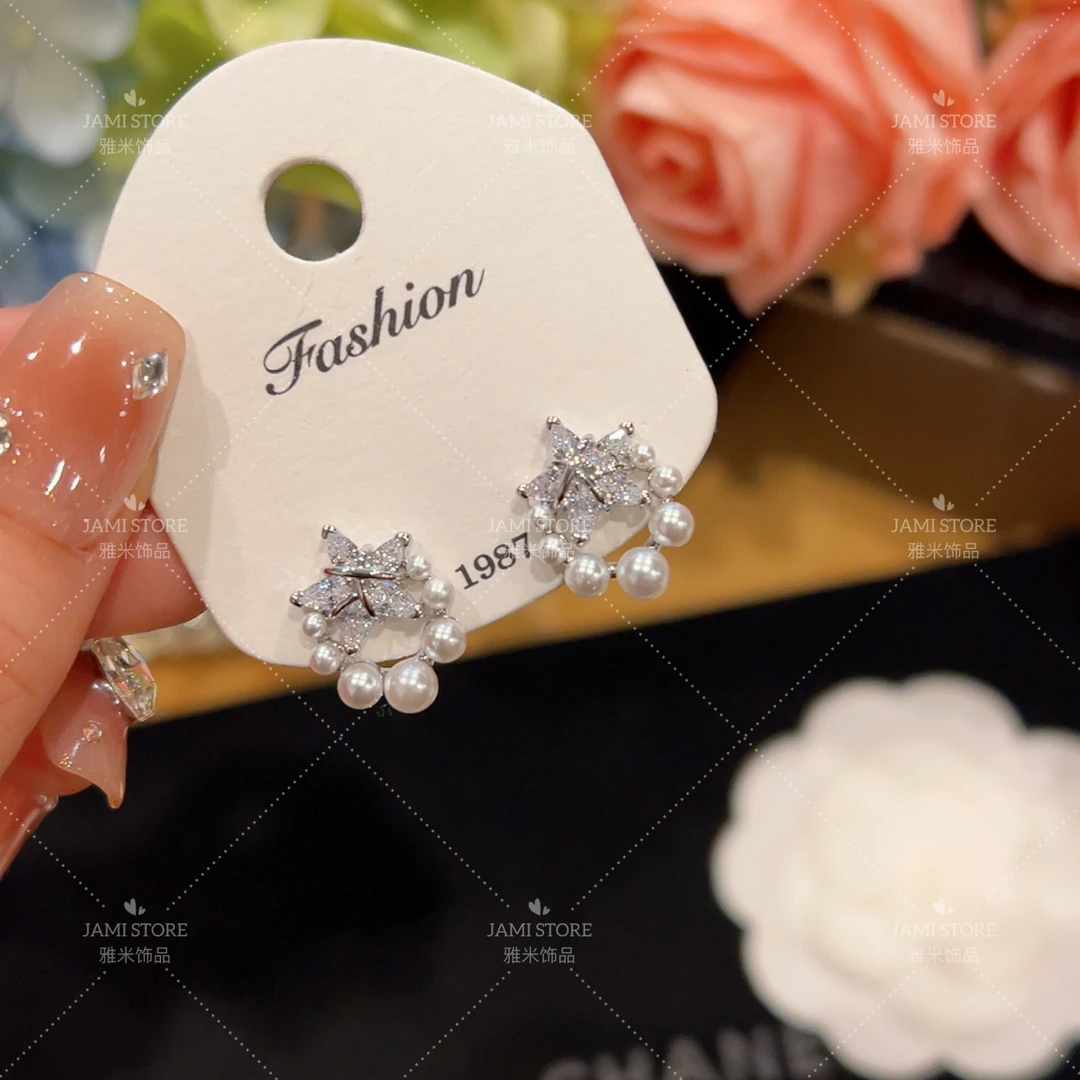 铜合金合成锆石耳饰 【雅米】五角星珠珠耳钉设计小众简约轻奢百搭