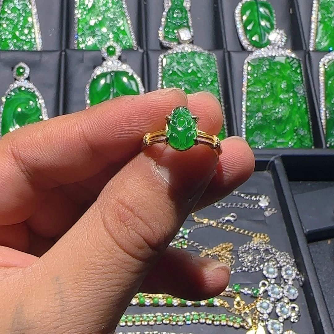 翡翠银S925镀金镶嵌戒指