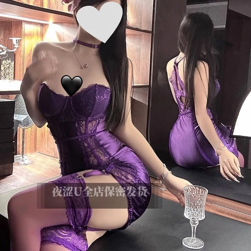 【紫巴黎】纯欲性感蕾丝缎面抹胸挂脖吊带战袍约会睡裙