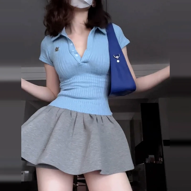 polo领短袖拼接连衣裙子女夏季2025新款修身掐腰气质a字蓬蓬短裙