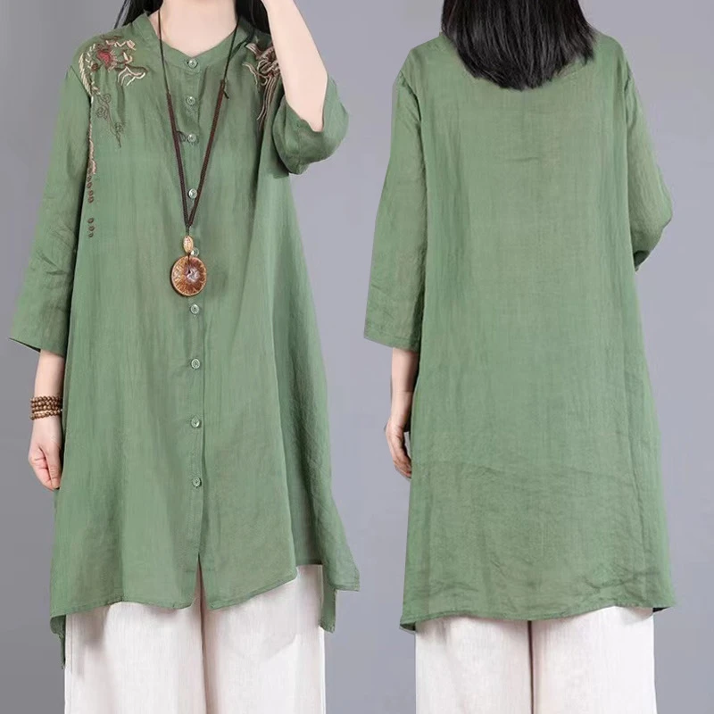 女装夏秋衬衫三色七分袖高端中长款宽松民族风新款妈妈绣花衬衫衣