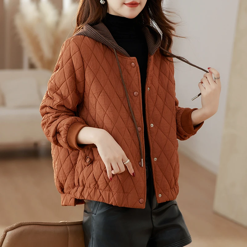 轻薄加棉外套女短款2025春秋新款宽松小个子菱形格连帽小棉衣棉服