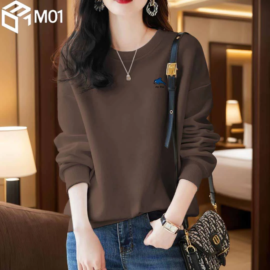 M01韩系咖色圆领卫衣女2025秋季外穿时尚宽松遮肉显瘦慵懒风上衣