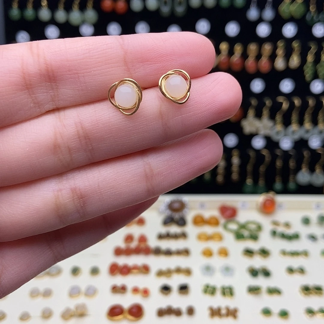 和田玉银S925镀金镶嵌耳饰