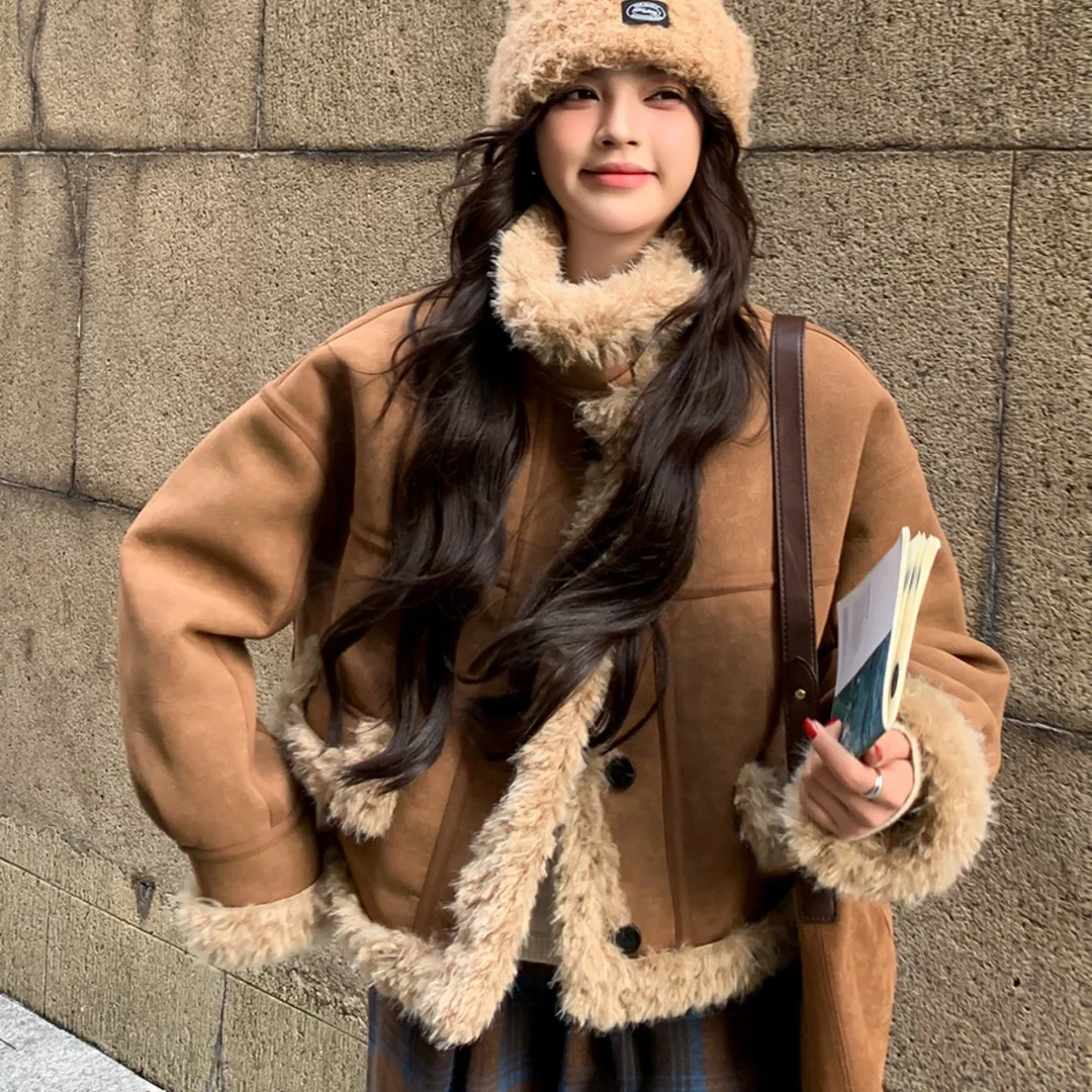 韩系超好看羊羔毛短外套女冬季2025新款小个子麂皮绒皮毛一体上衣