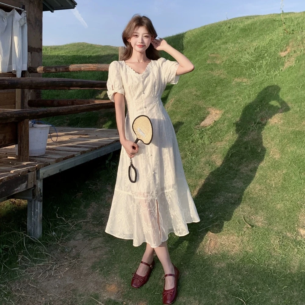 2025夏季新款法式气质高端精致提花收腰显瘦长裙子拼接蕾丝连衣裙