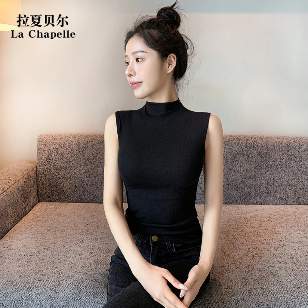 浪莎螺纹黑色无袖半高领背心吊带女夏季内搭外穿打底