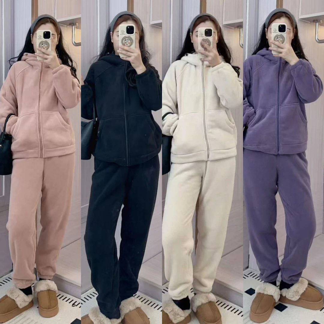 加绒加厚外穿睡衣家居服套装保暖松紧带连帽长裤冬季休闲韩版