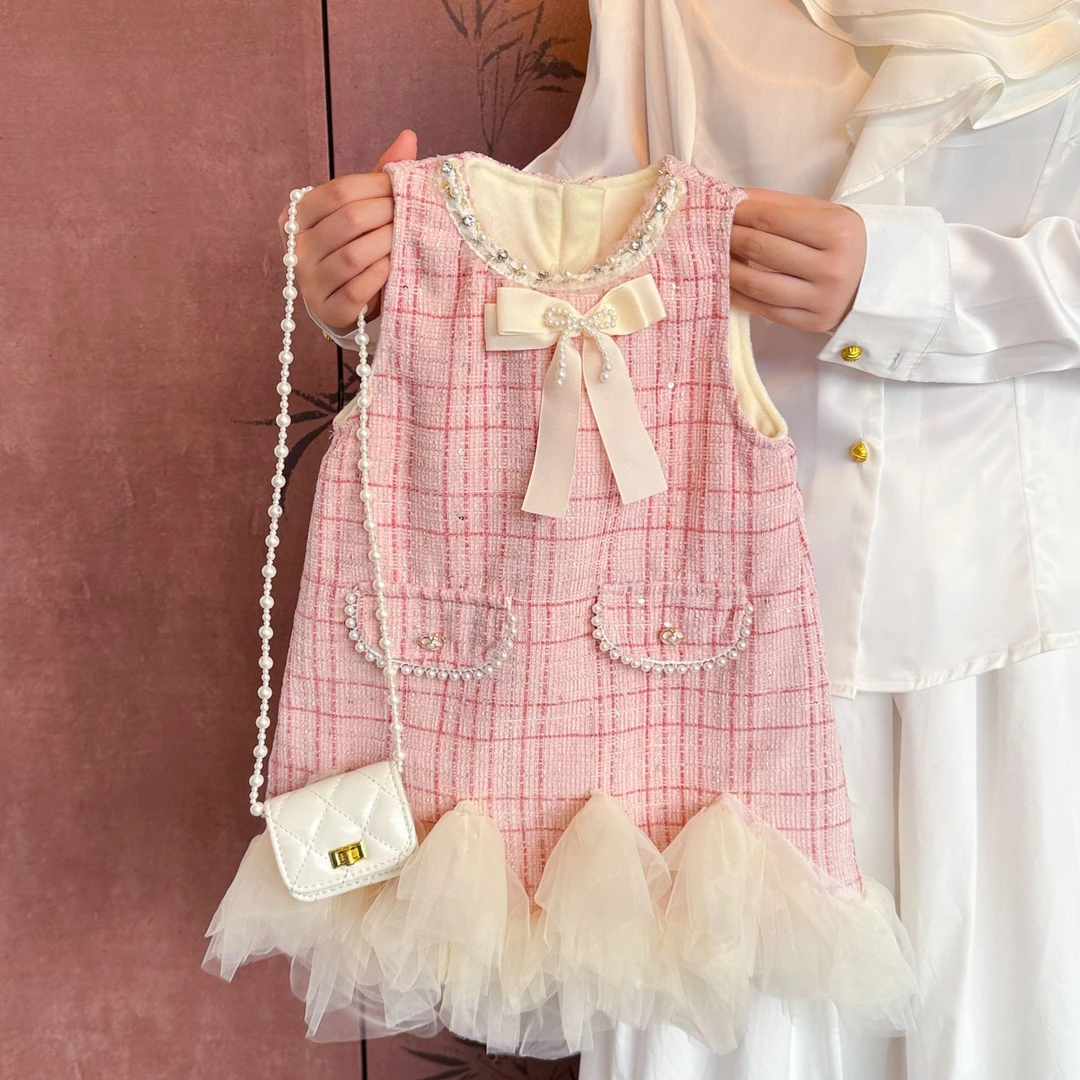 女童小香风公主裙秋冬背心裙小童2025新款周岁千金风礼服女宝宝裙