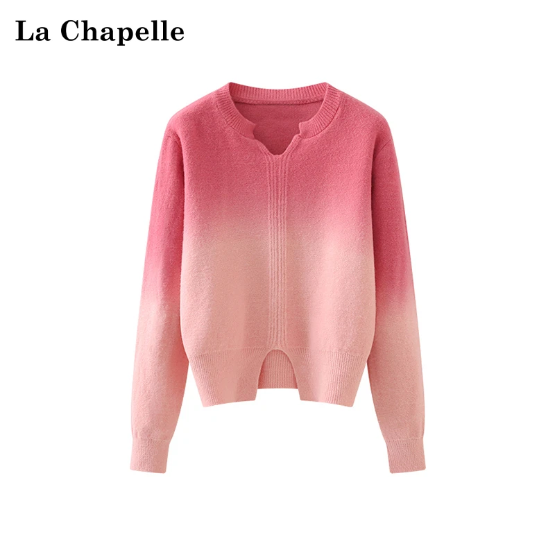 拉夏贝尔圆领渐变渲染下摆开叉针织衫小众套头毛衣女秋新款高级