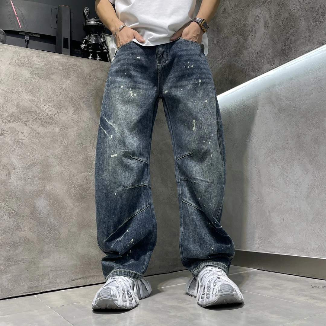 秋季美式牛仔做旧洗水甩漆直筒裤宽松休闲百搭复古高街男士长裤