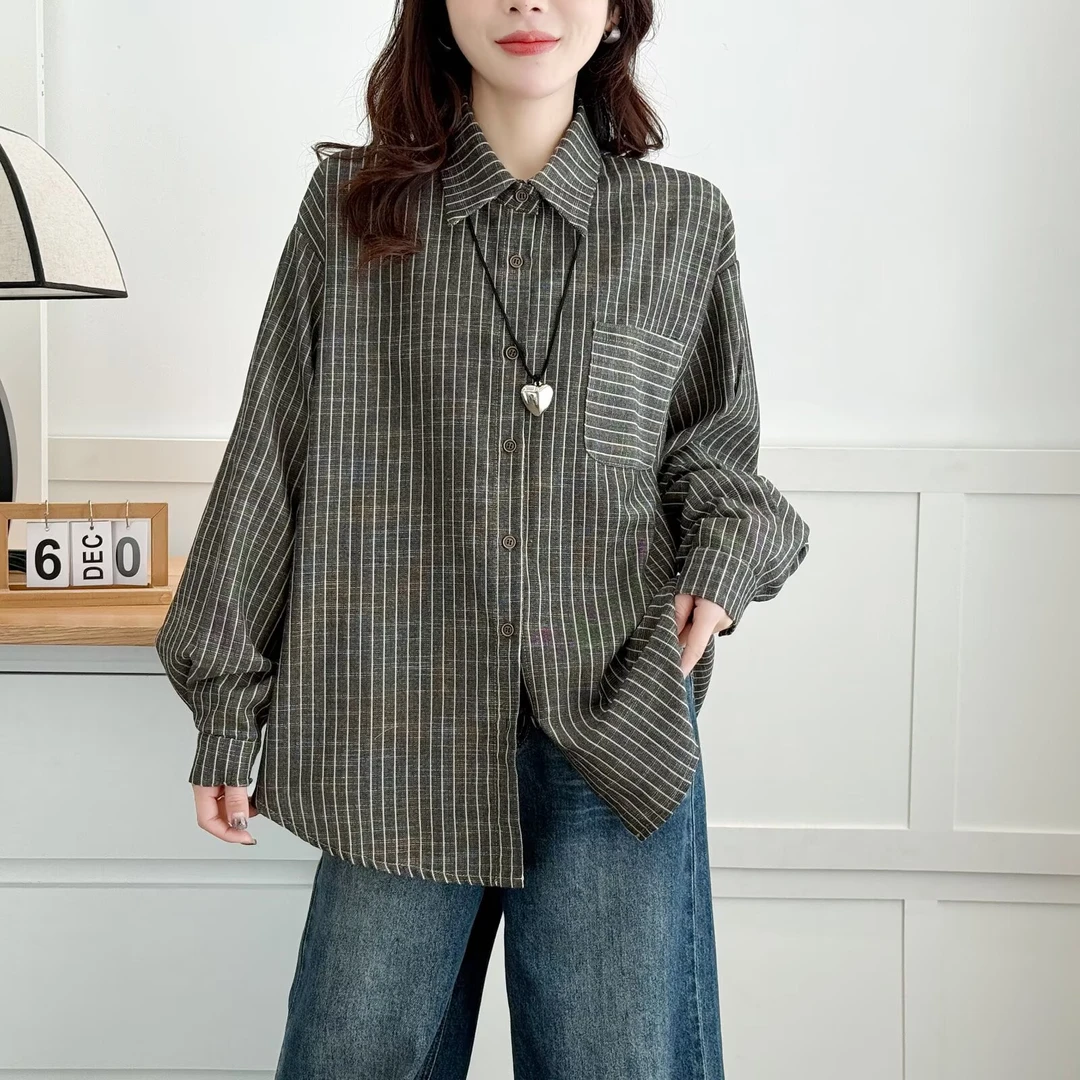 休闲宽松条纹长袖衬衫女春夏新款大码胖mm高级感百搭衬衣外套韩版