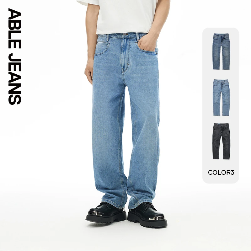 ABLEJEANS【宽松直筒裤】新款水洗复古质感舒适蓝色灰色牛仔裤男款