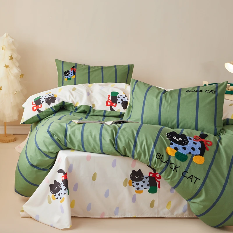 卡通多巴胺靴子黑猫床上四件套纯棉全棉2025新款公寓被套床单床笠