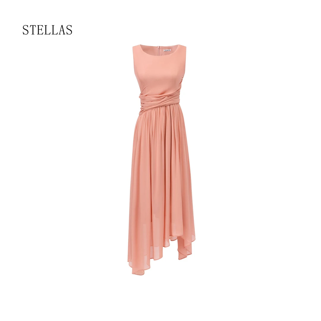 STELLAS 行走的缪斯 不规则裙摆褶皱修身高腰线连衣裙