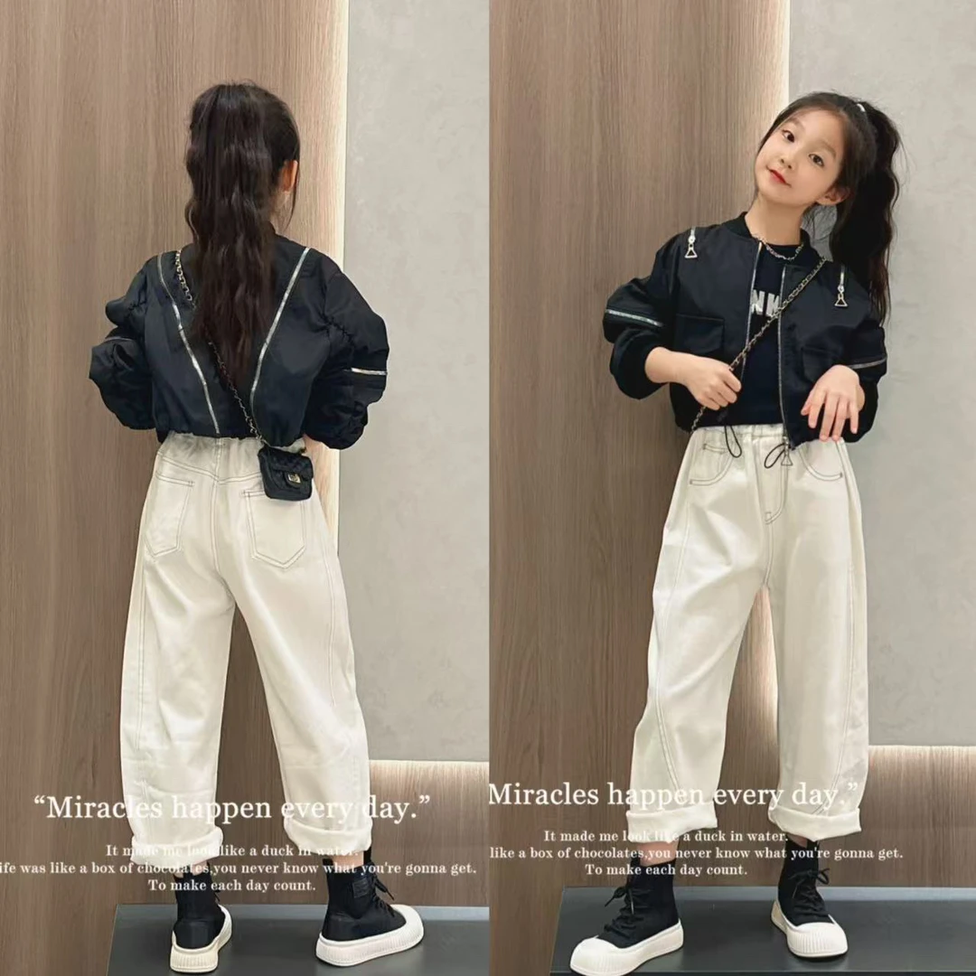 女童牛仔裤春秋2025新款儿童弯刀裤子潮流阔腿宽松香蕉长裤哈伦裤