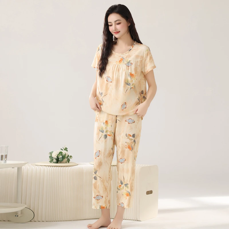 中老年睡衣女夏款棉绸短袖薄款妈妈装夏季人造棉可外穿家居服套装