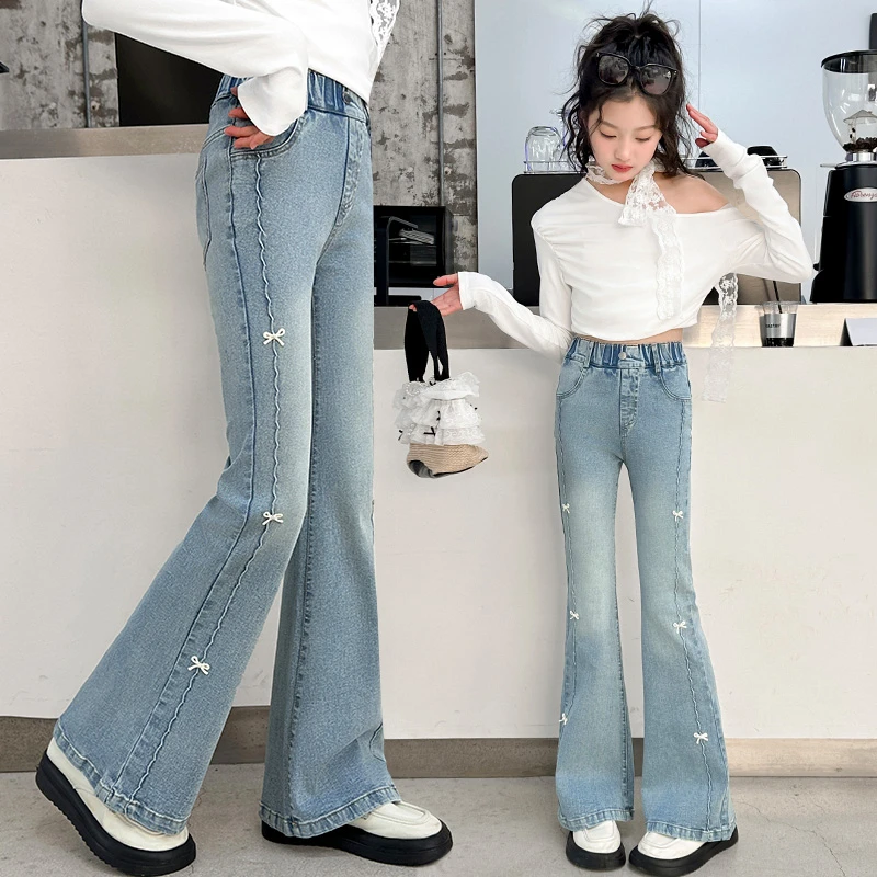 女童裤子夏装新款2025儿童牛仔喇叭裤女孩大童夏季高腰弹力微喇裤