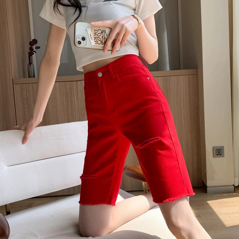 破洞牛仔五分裤女夏季红色高腰紧身短裤显瘦弹力直筒网红骑行中裤