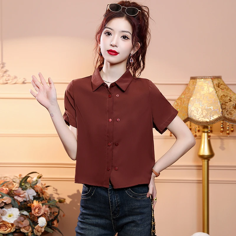 2025夏季新款设计感洋气翻领百搭短袖衬衫女士短款时尚女装上衣服