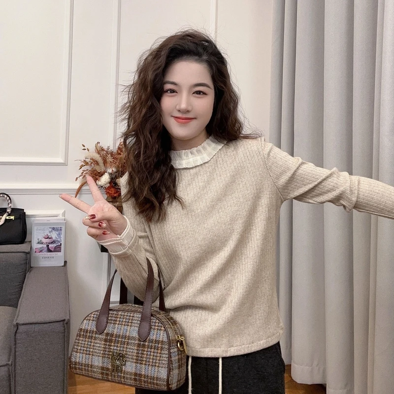 WenWen小个子秋冬新款韩系气质荷叶边打底衫小衫上衣351