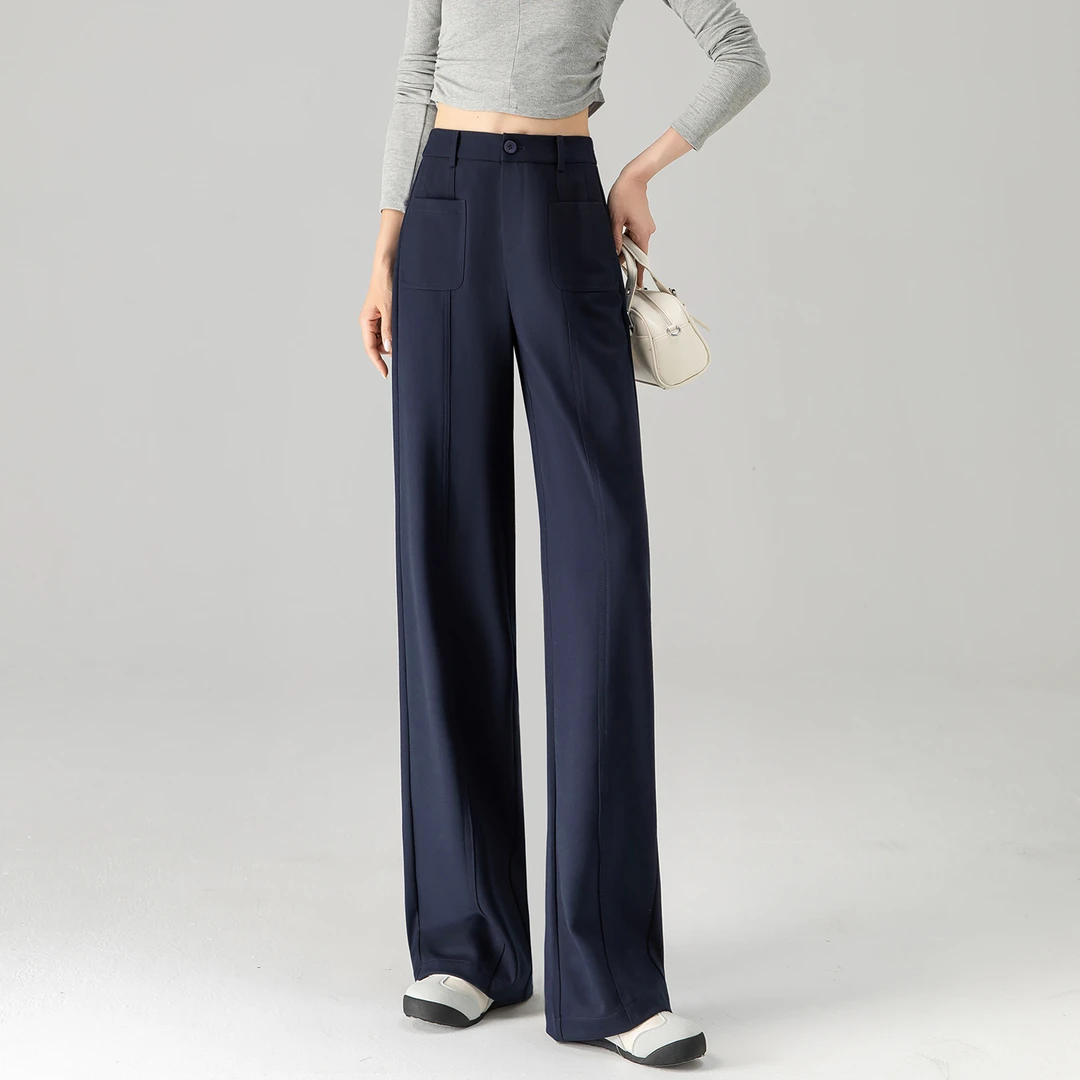 休闲阔腿裤女2025新款秋季高腰藏青设计感西装裤子垂感显瘦直筒裤