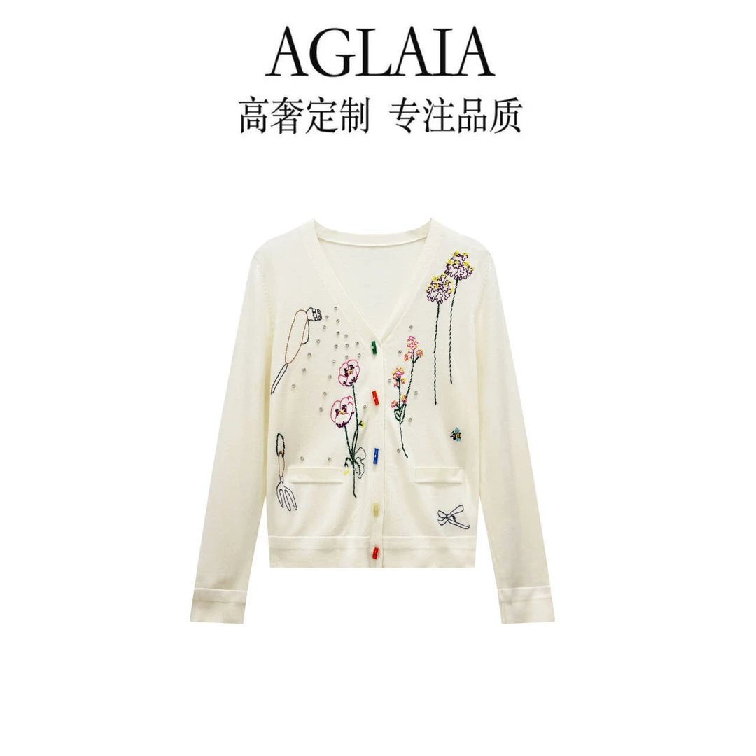 AGLAIA~2025新款秋季轻熟风钉珠刺锈气质百搭V领针织开衫6266