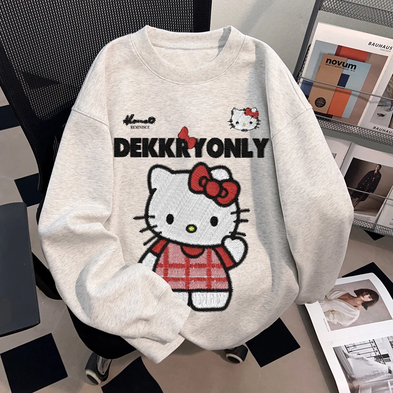 Dekkry仿刺绣卡通凯蒂猫字母印花秋冬纯棉长袖百搭t恤男女款上衣